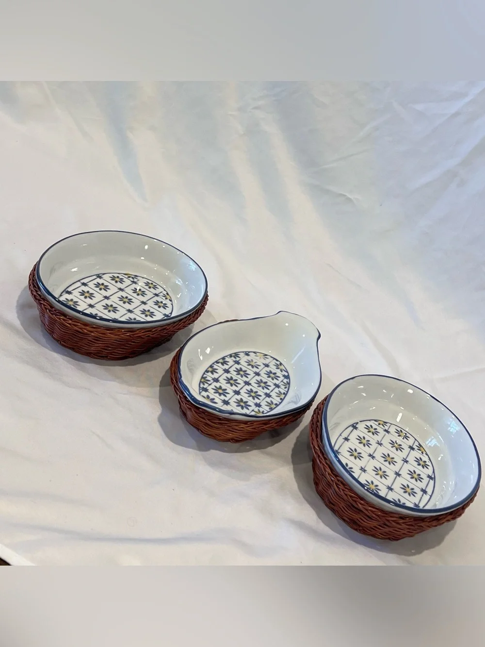 Blue Yellow Floral Ceramic Dishes Set of 3 Wicker Baskets